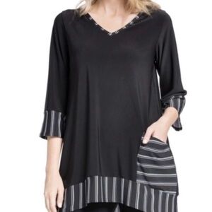 Sympli Match Stripe Tunic Size 8 Lagenlook Black W/ White 3/4 Sleeves